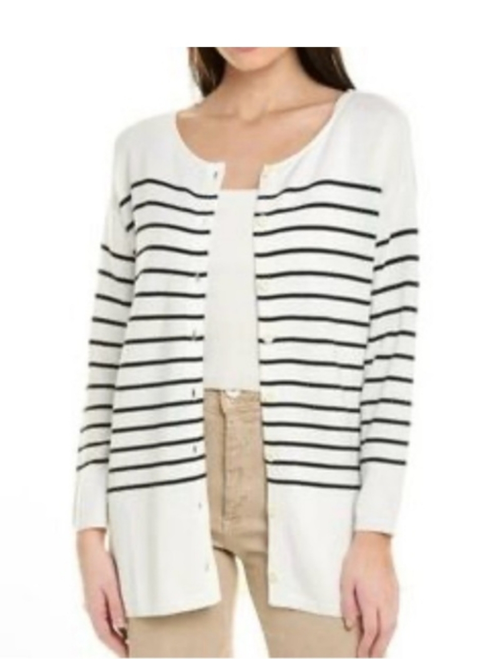 Cabi XS Turnabout Striped Button-Up Cardigan in White and Black